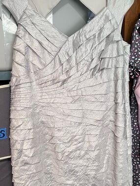London Times Silver Layered V-Neck Evening Dress